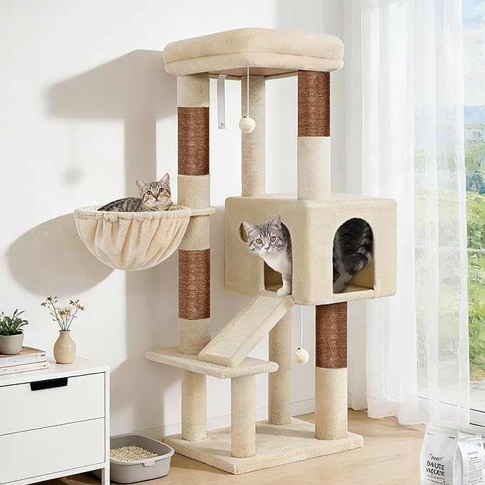 Globlazer Extra Thick Scratching Posts Tower Sturdy 50-inch Corner Cat Tree Tower for Indoor Cats, Cat Tower for Adult Cats with Scratching Board, Kitty Condo, Basket, S50, Beige