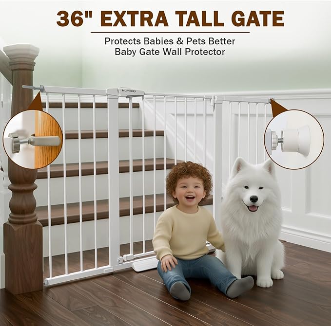 Mumeasy 36" Extra Tall Baby Gate for Doorways, 29.7"-57" Extra Wide Dog Gate for Stairs, Pressure Mounted Auto Close Pet Safety Gate with Easy Walk Thru Door, Large Indoor Child Gate for House, White