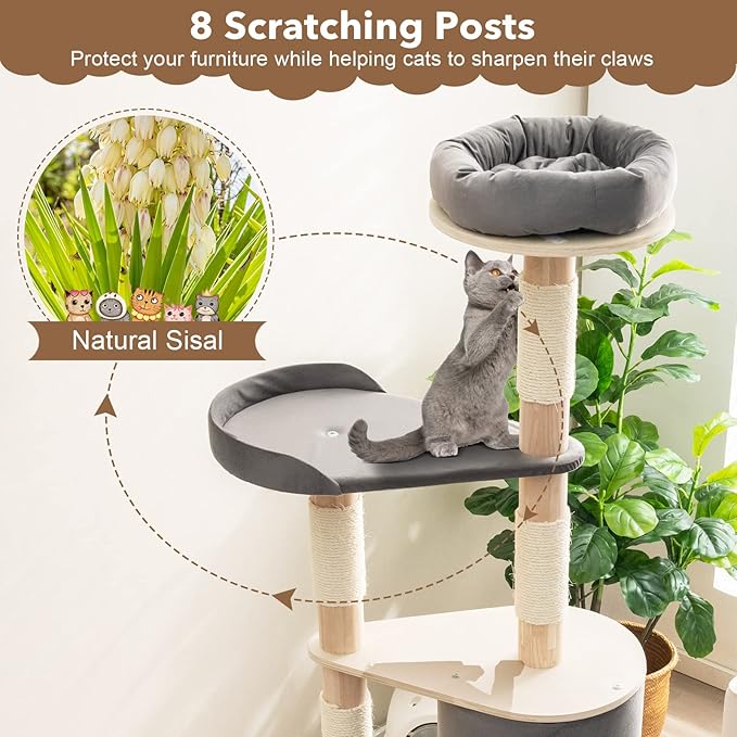 Tangkula 75 Inch Tall Cat Tree for Indoor Cats, Natural Solid Rubber Wood Cat Tower with Sisal Scratching Posts, Top Perch, Detachable Cat Condo, 6-Layer Modern Cat Trees and Towers for Large Cats