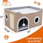 Cat Houses for Indoor Cats - Large Cat Bed Cave with Scratch Pad and Fluffy Ball, Foldable Cat Condo Hideaway with Reversible Cushion for Multi Small Pet, Khaki
