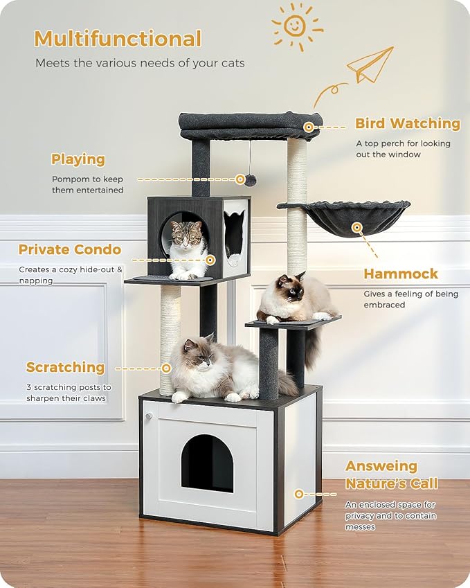 PETEPELA 56.7" Cat Tree with Litter Box Enclosure Large, Wood Cat Tower for Indoor Cats with Storage Cabinet and Cozy Cat Condo, Sisal Covered Scratching Post and Repalcable Dangling Balls, Black