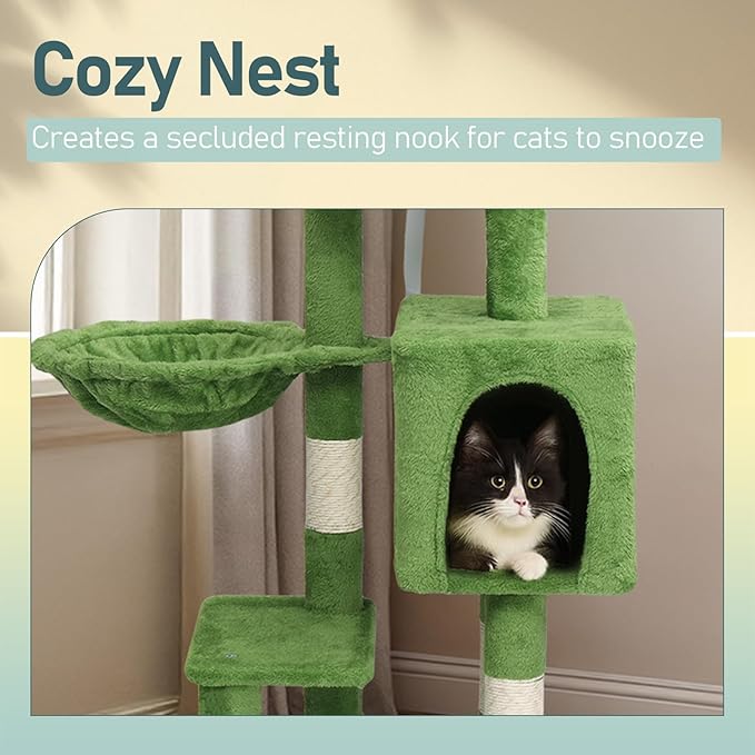 48in Plush Cat Tree with Leaves,Multi-Level Cats Tower,Large Pet Activity Center,with Sisal Scratching Post, Cat Condo, Padded Beds, Cozy Hammock,for Kittens and Indoor Cats (Green)