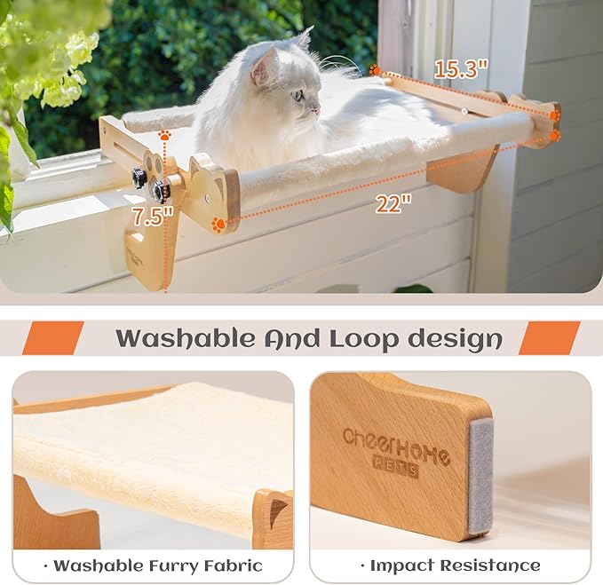 CHEERHOME PETS Cat Window Perch with Washable Bolster, Fluffy Cats Hammock Bed for Window, Adjust Wooden Seat for Kitten Bedside Windowsill, Wooden Cats Furniture(Medium White)