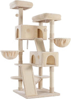 WEEWAY Cat Tree Tower for Indoor Cats,65'' Multi-Level Cat Furniture Activity Center,Stand House Condo Cave,Sisal Scratching Posts Ramps,Plush Perches Platforms Basket Hammock,Beige