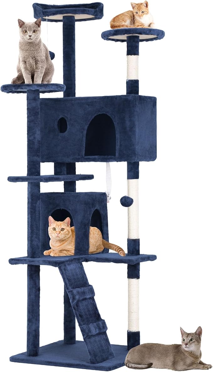 Heavy Duty 70 Inch Cat Tree - Tall Tower with 3 Perches, 2 Condos, Ladders, Sisal Pole & Scratching Posts - Blue