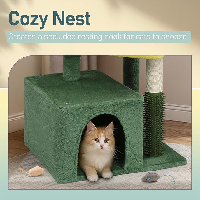 26.7" Small Cat Tree for Indoor Cats, Multi-Level Cat Tower with Sisal Scratching Post & Pad, Cozy Cat Condo, Padded Top Perch & Self Groomer, Forest Green & Yellow