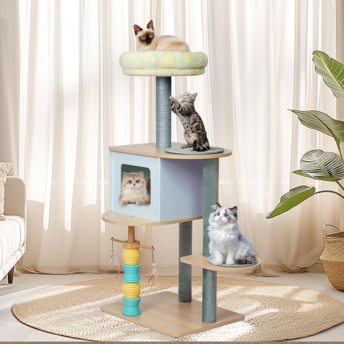 49.2" Cat Tree Tower for Large Cats - 5-Level Solid Wood Cat Condo with Sisal Scratching Posts, Plush Perch & Feather Toys | Multi-Cat Friendly, Sturdy Construction (M+)