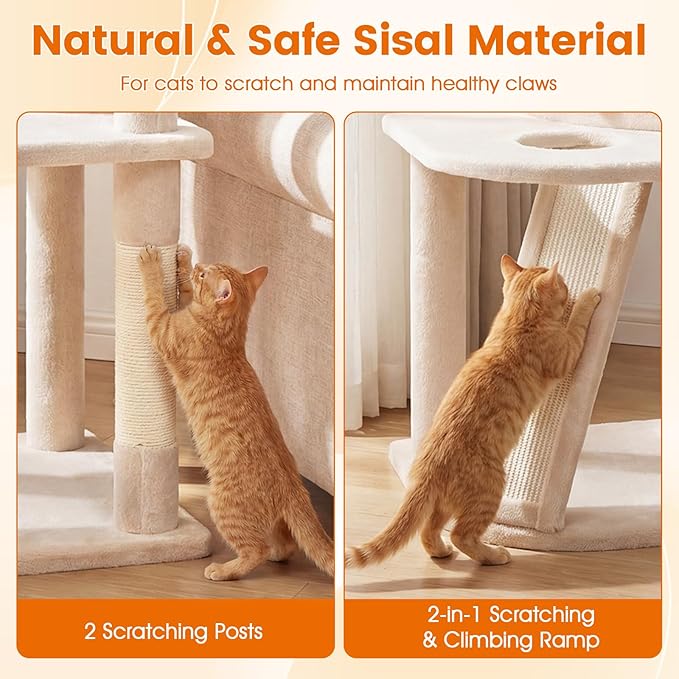 PETSITE 44-inch Multi-Level Cat Tree, Modern Cat Tower with Sisal Scratching Posts, Cozy Condo, Playful Cat Hole, Sisal Covered Ladder, and Dangling Ball, Ideal for Indoor Cats and Kittens (Beige)