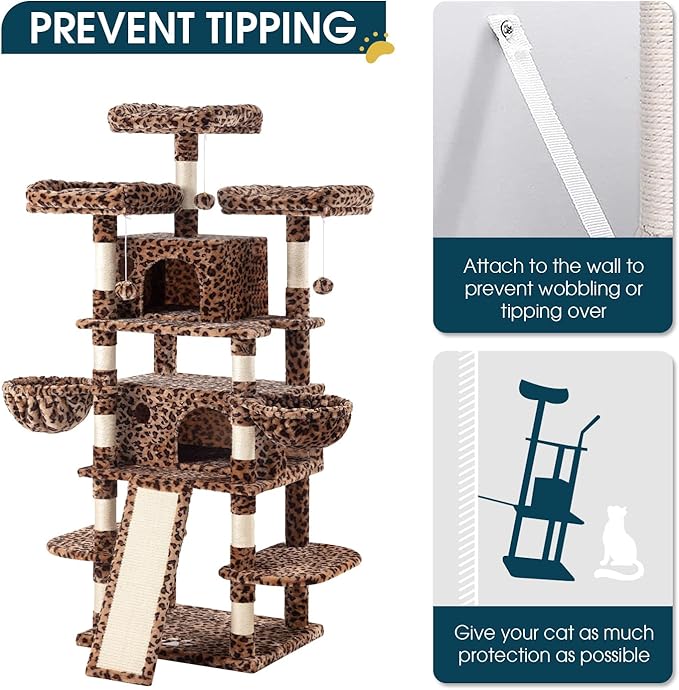 WEEWAY 68 Inches Multi-Level Large Cat Tree for Feline‌/Big Tower/Condo/Cozy Plush Kitty Perches/Fluffy Balls/Sisal Scratching Posts and Hammocks/Cave/Furniture Activity Center/Leopard Print