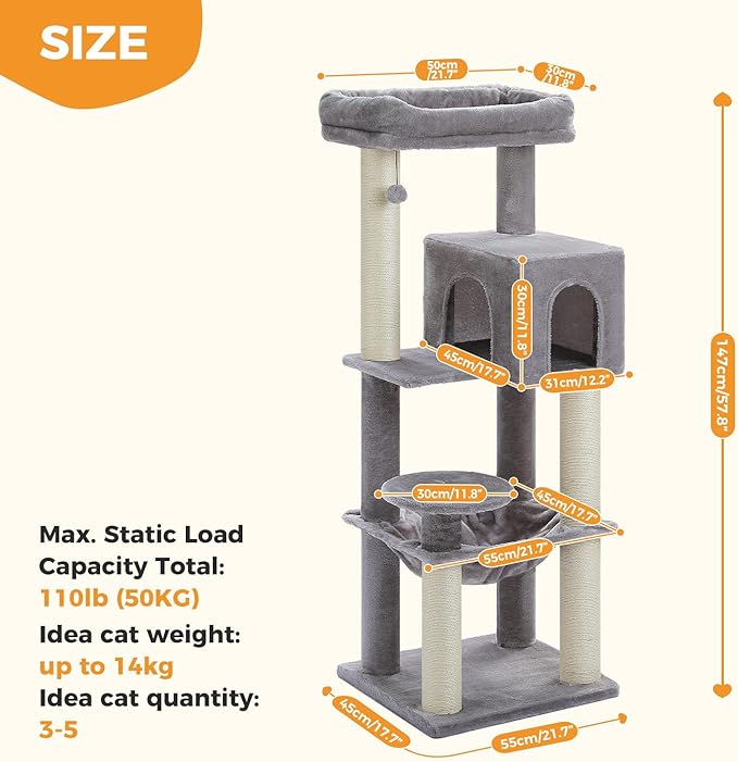 PEQULTI 57.9'' Cat Tree, Multi-Level Tower with Large Top Perch, Thick Scratching Posts and Hammock for Large Indoor Cats up to 20 lbs,Gray