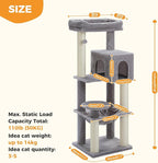 PEQULTI 57.9'' Cat Tree, Multi-Level Tower with Large Top Perch, Thick Scratching Posts and Hammock for Large Indoor Cats up to 20 lbs,Gray