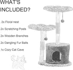 Modern Floral Cat Tree Tower with Real Wood Branch| Multi-Level Cat Tower with Scratching Posts | Cute Aesthetic cat Tree with Luxury cat condo for Indoor Cats (Leopard Flora)
