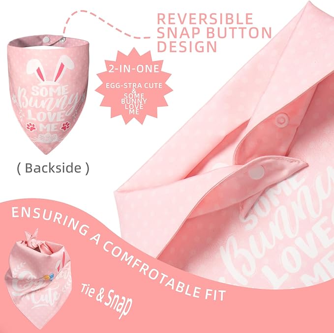 Easter 2-in-1 Dog Bandana with Egg-Stra Cute & Some Bunny Love Me Lovely Saying, Pink Pet Holiday Costumes Scarf with Snap Button, Large to Giant Breeds (75lbs+)