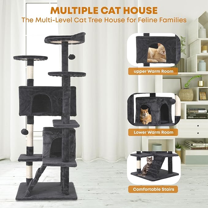 54in Cat Tree Tower for Indoor Cats, Cat Tower with Cat Scratching Post, Multi-Level Cat Furniture, Cat Tower with Funny Toys for Kittens-Dark Gray