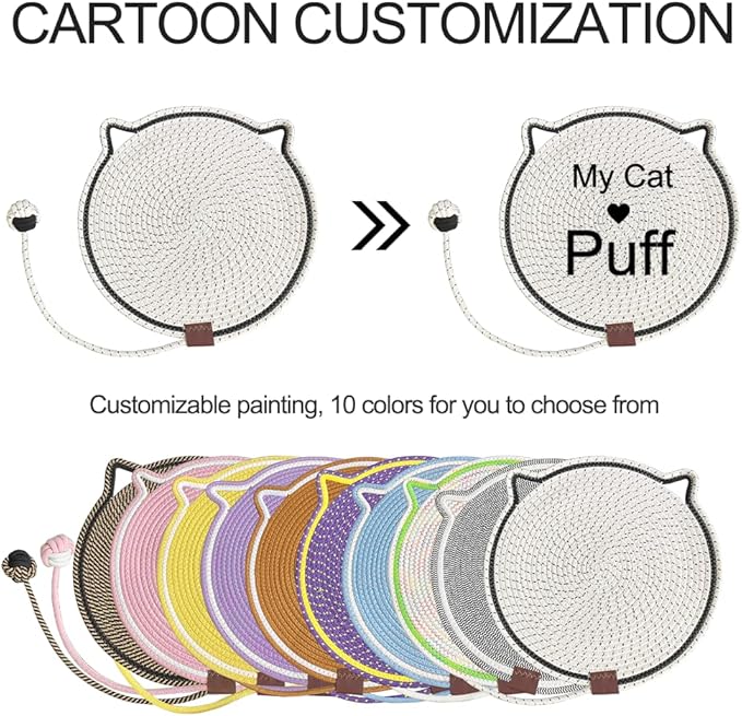 Personalized Cat Scratcher Mat, Customized with Name Text Natural Cotton Rope Round Horizontal Cat Scratching Pads with Ball Toy, Cat Furniture Protector for Wall, Couch, Carpets, Sofa (White)