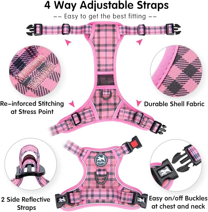PoyPet No Pull Dog Harness, Reflective Adjustable No Choke Pet Vest with Front & Back 2 Leash Attachments, Soft Control Training Handle for Large Dogs(Checkered Pink,L)