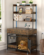 Petrova 40" Dog Crate Furniture with LED Light & Power Outlets, Heavy Duty Indoor Dog Kennel for Small/Medium Dogs, Wooden Dog Cage with Open Shelves, Storage Drawers, Lockable Wheels, Brown
