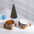 Petygooing Ceramic Cat Dog Bowl Set with Stand,Small Dog Bowls,Pet Food and Water Dish, Anti Slip Set of 2 Cat Bowls-Cute Modern Pet Food Dish Small Size (13.5OZ/5.1 in) Grey White