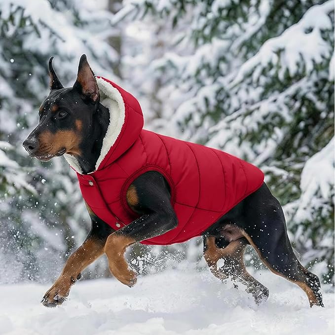 Fleece Hoodie, Windproof Waterproof Coat, Winter Warm Jacket for Dogs - Cold Weather Pet Apparel Clothes Vest for Small Medium Large (2XL, Red)