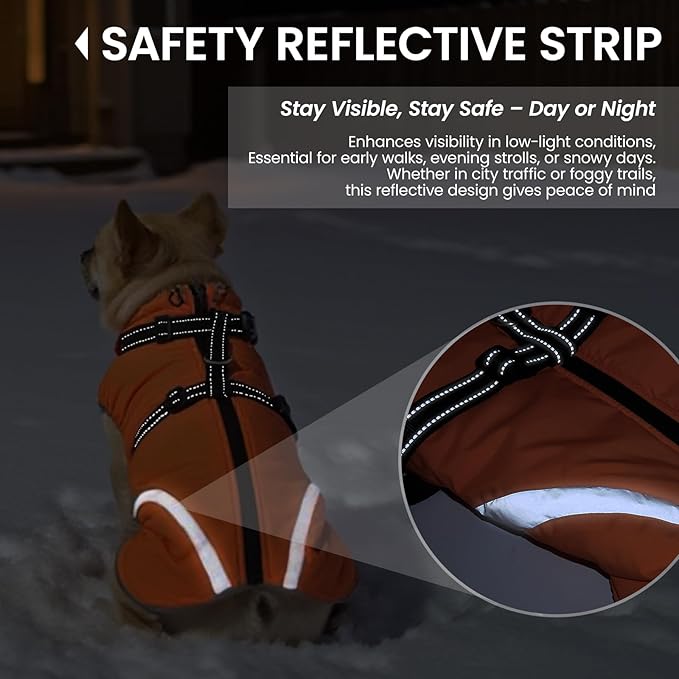 QBLEEV Dog Coat for Medium Dogs, Waterproof Dog Winter Coat with Built-in Harness and D-Ring, Zip Up Pet Cold Weather Coats with Fleece Lined, Warm Snowsuit Gear Vest for Pug Boston Terrier, Orange, M