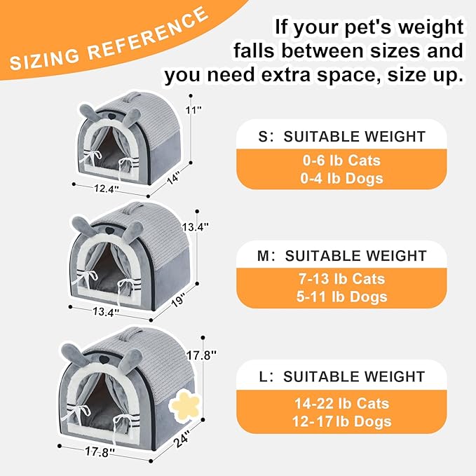 Jiupety Small Dog House Indoor, Dog Cave with Door Curtain Design, Puppy House with Reversible Washable Cushion, M Size Portable Pet Cave for 7-13 lb Cats and 5-11 lb Dogs, Non-Slip Bottom, Grey