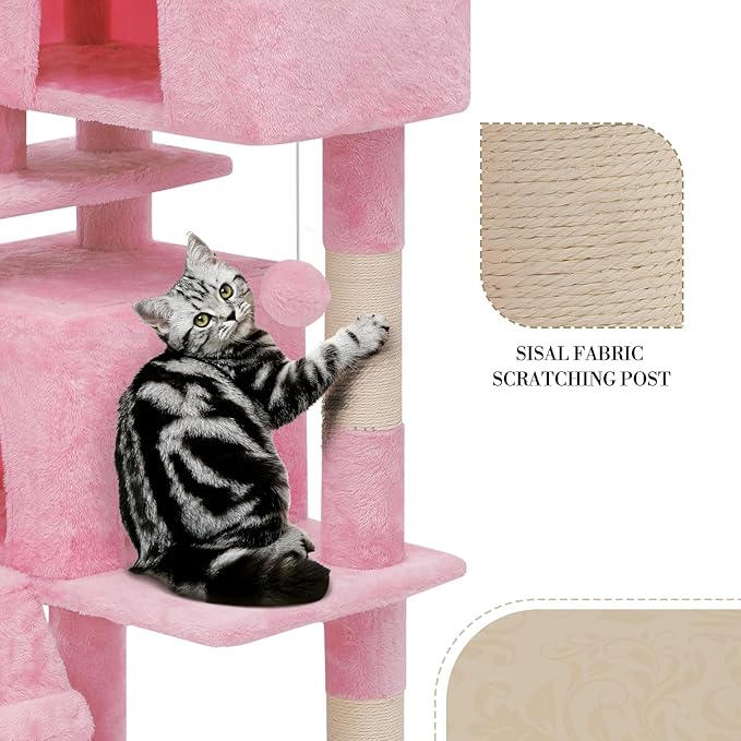 Athena Collection Modern Cat Tree Tower, 77 Inch Tall Cat Tree Climbing Tower with Scratching Post 2 Condo Multi-Level Activity Center and Playing Ball for Indoor Large Adult, Pink