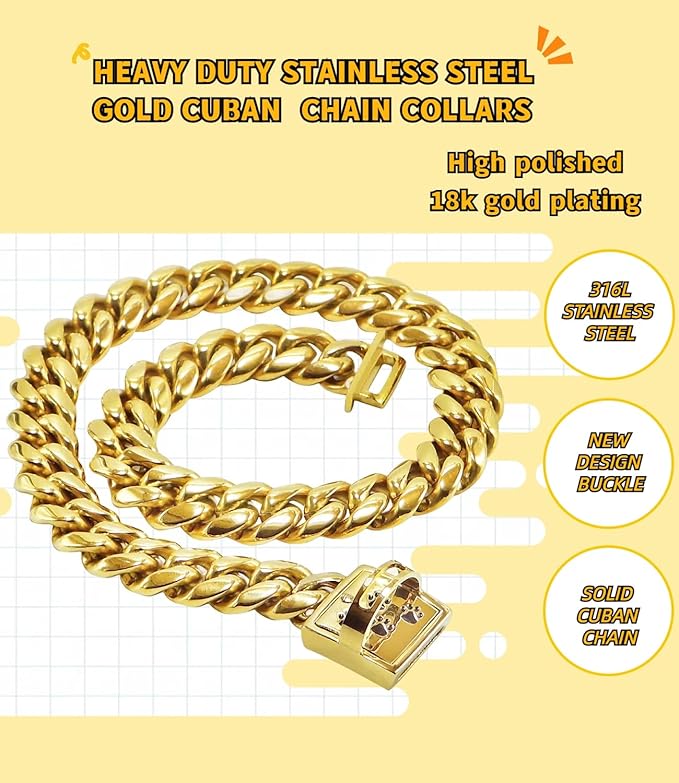 Gold Chain Dog Collars 15MM Stainless Steel Cuban Link Chain Collar with Secure Buckle Design, Metal Walking Training Collars, Chew Proof, Suitable for Small Medium Large Dogs (Gold,14'')