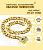 Gold Chain Dog Collars 15MM Stainless Steel Cuban Link Chain Collar with Secure Buckle Design, Metal Walking Training Collars, Chew Proof, Suitable for Small Medium Large Dogs (Gold,12'')