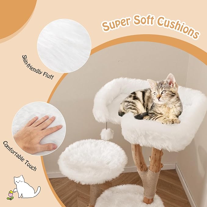 PETSITE 44 inch Wood Cat Tree, Modern Wooden Cat Tower with Jute Scratching Posts, Top Perch, Soft Long Plush and Dangling Ball, Pear Wood Branches Cute Cat Tree for Indoor Cats