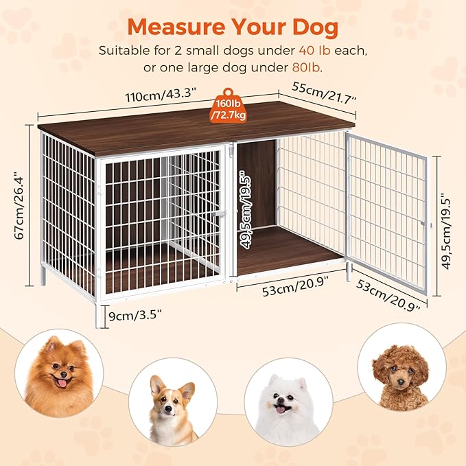 Dog Crate Furniture for 2 Dogs, 43.3" Dog Kennel with Removable Divider, Heavy Sturdy Dog Furniture Style Double Cage for Small Medium Dogs, Indoor Pet House End Table, White and Walnut