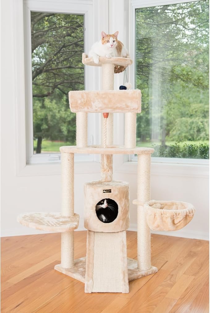 Maykoosh Electic Elegance Spacious Thick Fur Cat Tower Real Wood Furniture with Basket Lounge, Ramp Beige Cat Tree, 46" L X 31" W X 58" H, Tree Has A Pressed Wood Base