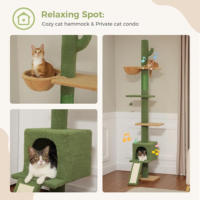 PEQULTI Cat Tree Floor to Ceiling,Cactus Tall Cat Tower, Adjustable Height (83''-108'') 5 Tiers Climbing Tree for Indoor Cats with Cat Condo, Scratching Post and Ladder, Green