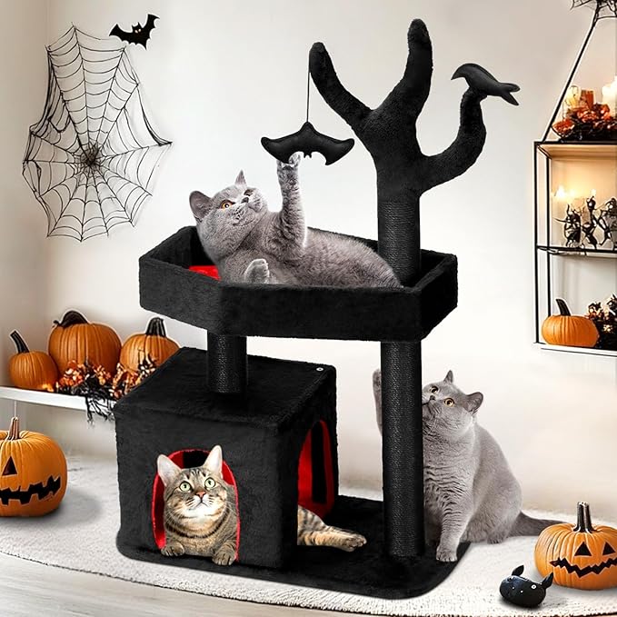 47.2" Heavy Duty Gothic Cat Tree Large Cat Tower Cat Tree for Indoor Cats Spacious Cat Condo Coffin for Large Cats Scratching Posts Hanging Ball Pet Activities Platform Cat Furniture