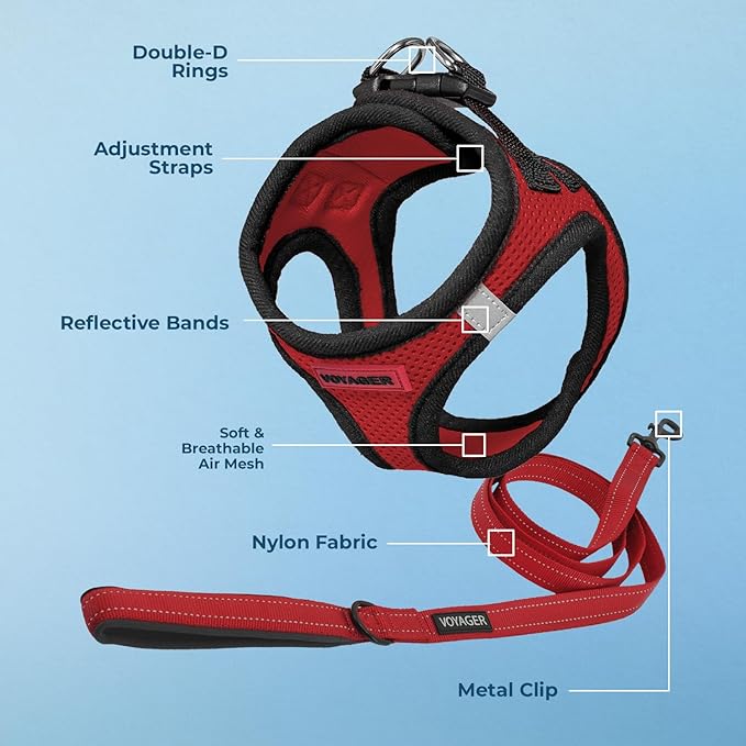 Best Pet Supplies Voyager Step-in Air All Weather Mesh Harness and Reflective Dog 5 ft Leash Combo with Neoprene Handle, for Small, Medium and Large Breed Puppies - Red/Black Trim, Large