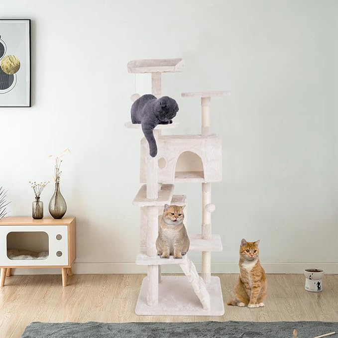 Cat Tree 53 inches Cat Tower for Indoor Cats Cat House with Replaceable and Removable Dangling Ball Cat Trees and Towers with Funny Toys, Beige