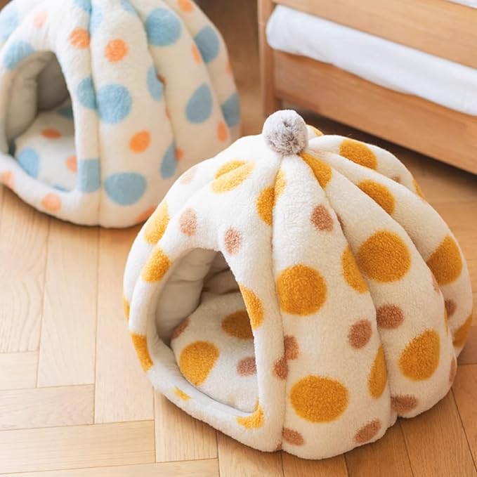 Cat Polka Dot Yurt Bed, Plush Warm Semi-Enclosed Cave Hideaway, Soft Comfy House for Indoor Kitten (Orange,Large)