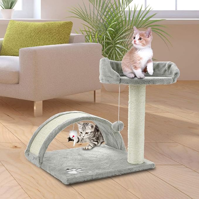 FluffyDream Cat Tree Condo with Scratching Post, Cat Tower Pet Play House with Toy, Grey, 17 Inch (43cm)