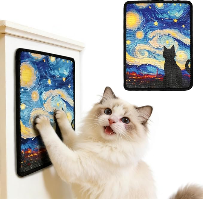 Cat Scratcher Wall Art, Sisal Home Decor Cat Scratch Mats, Wall Mount Kitten Scratching Pad with Hoop and Loop Adhesives, Cardboard Post Alternative for Indoor, Starry Night