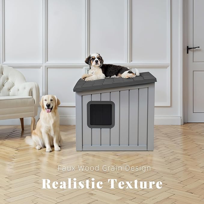 DRATO Outdoor Dog House Indoor and Outdoor with Sloped Roof Resin Material Weatherproof Roof Removable Floors for Small to Middle Sized Dogs Easy to Assemble (Gray, 24.65 * 21.5 * 22.21)
