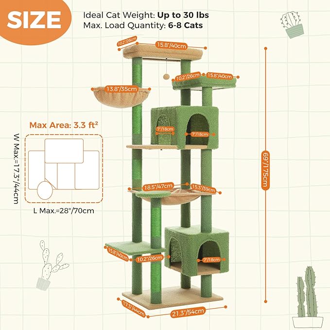 PETEPELA 69" Tall Cat Tree for Indoor Large Cats, Cat Tower for Adult Cats with Big Hammock, Cat Climbing Tree Tower with Scratching Posts, Condo House and Large Top Perch, Green
