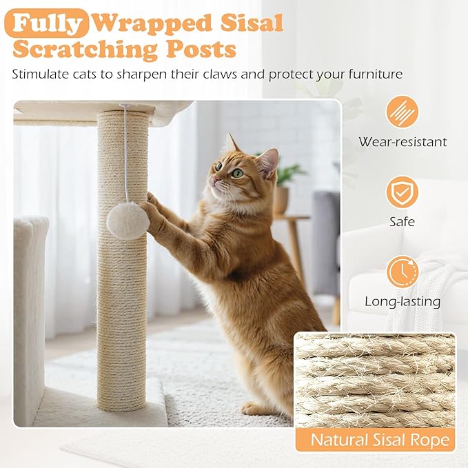 Tangkula Small Cat Tree for Indoor Cats, Cat Tower with Sisal Scratching Posts, Hanging Pompom, Cat Condo with Large Padded Plush Perch for Small Spaces, Kittens (Beige)