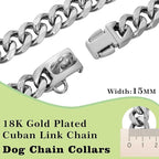 Stainless Steel Silver Gold Dog Collars with Safety Buckle Lock,18K Cuban Link Chain Training Collar,15MM Strong Dog Necklace Heavy Duty Chew Proof for Small Medium Large Dog
