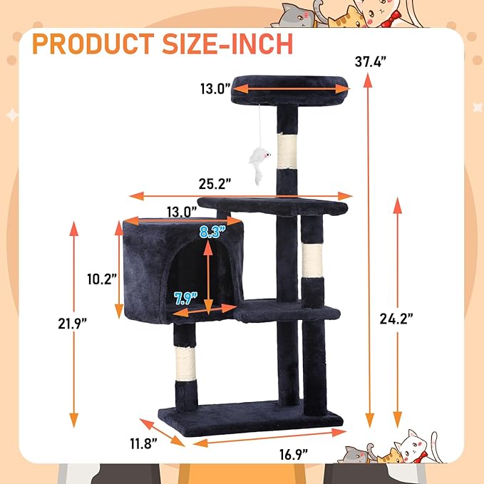 ‌Dopinmin 36" Winter Cat Tree - Plush Multi-Level Indoor Cat Tower with Sisal Scratching Posts & Ramp Plush Condo for Kittens,Dark Gray