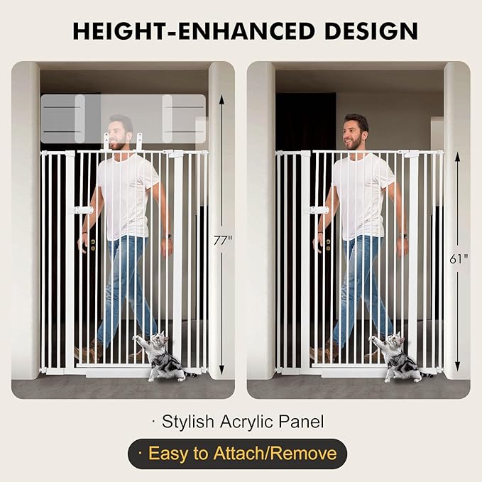 Snagle Paw Extra Tall Cat Gate with Acrylic Top Panel，30-40.6" Wide Adjustable Pet Gates, Pressure Mounted, No-Drill Easy Install,Tall Cat Gate for Doorways,Stairs,Kitchen 77",White