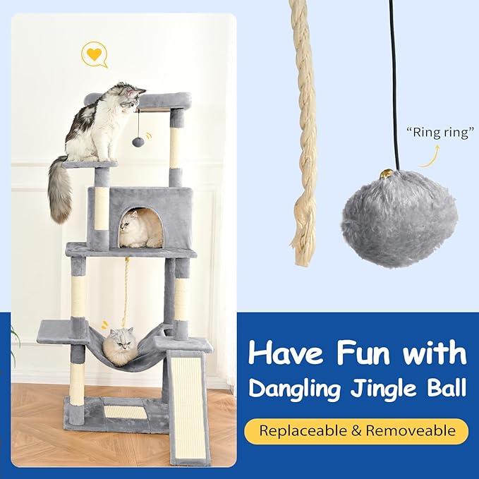 Cat Craft Cat Tree 63 Inch Cat Tower for Indoor Cats, Multi-Level Cat Tree for Large Cats 20 lbs+ Heavy Duty Cat Tower with Sisal Scratching Posts, Hammock, Condo and Extended Platform, Light Grey