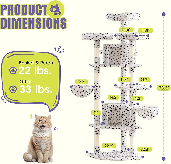 WEEWAY 73in Multi-Level Cat Tree with a Fan-Shaped Base, 2 Cozy Condos, 2 Hanging Baskets, Unique Perch, Sisal Scratching Posts, Hanging Balls, Ideal for Multiple Indoor Kitties, White & Black Spots