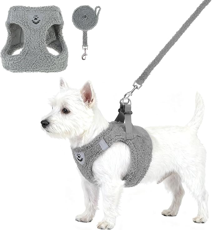 KOOLTAIL Plush Small Dog Harness and Leash Set, Warm Fleece No Pull Puppy Vest for Winter, Lightweight Reflective Step in Pet Harness for Medium Sized Dogs Boy Girl Outdoor Walking Cute Soft, Gray S