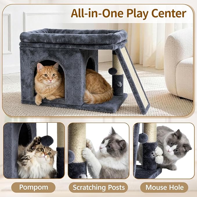 Cat Tree Tower Bed with Scratching Post for Indoor, Heavy Duty Small Stand House Condo for Large Cats & Kittens, Platform Perch Hideout Climb Rest Area, Modern Sturdy Furniture, Dark Gray