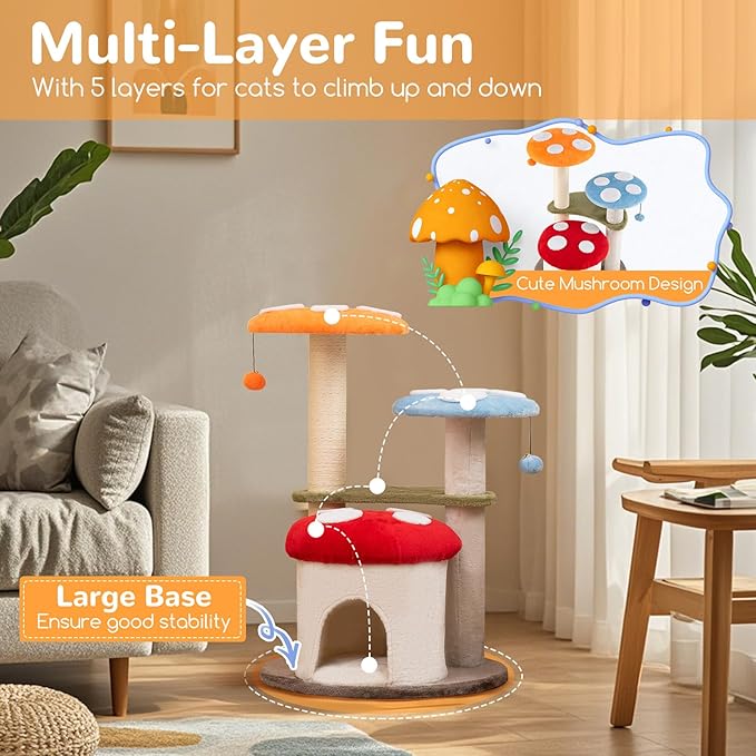Tangkula Mushroom Cat Tree, 35 Inch Cute Cat Tower with Sisal Scratching Posts, Cat Condo, Padded Platforms, Dangling Balls, Multi-Level Modern Cat Furniture, Activity Center for Indoor Cats & Kittens