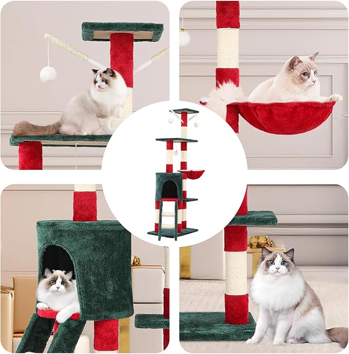 55" Christmas Cat Tree with Cozy Condos, Sisal Scratching Posts & Plush Fabric, Cats Tower with Large Perch Activity Center for Kittens to Adults Cats, Fits Living Room, Bedroom, Apartments